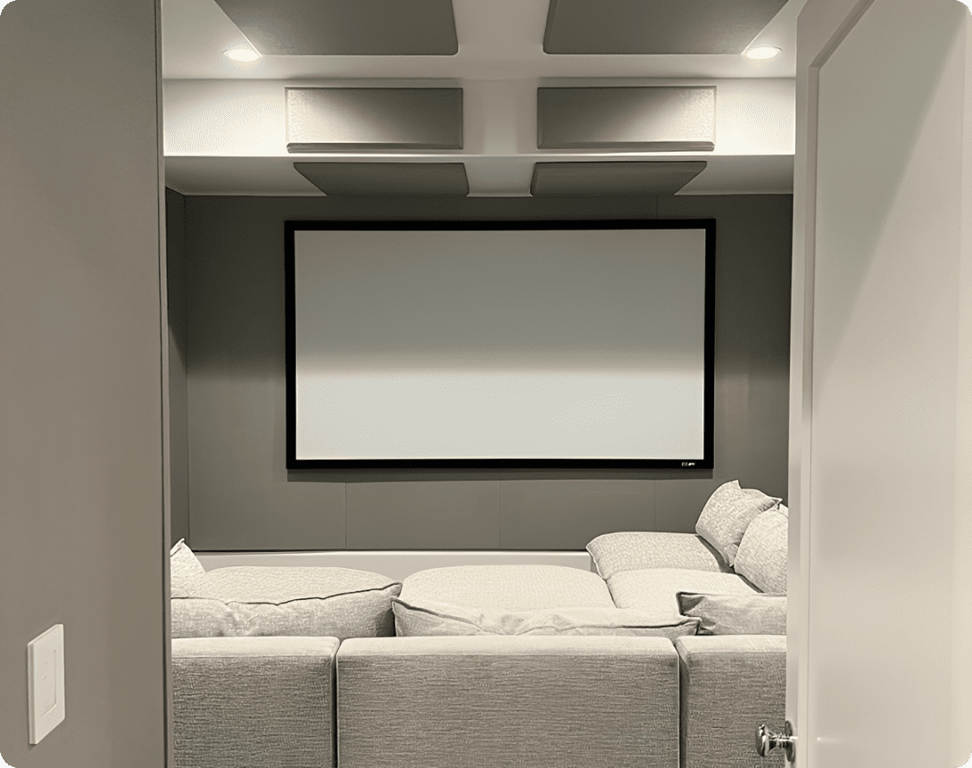 Modern home cinema setup with seating