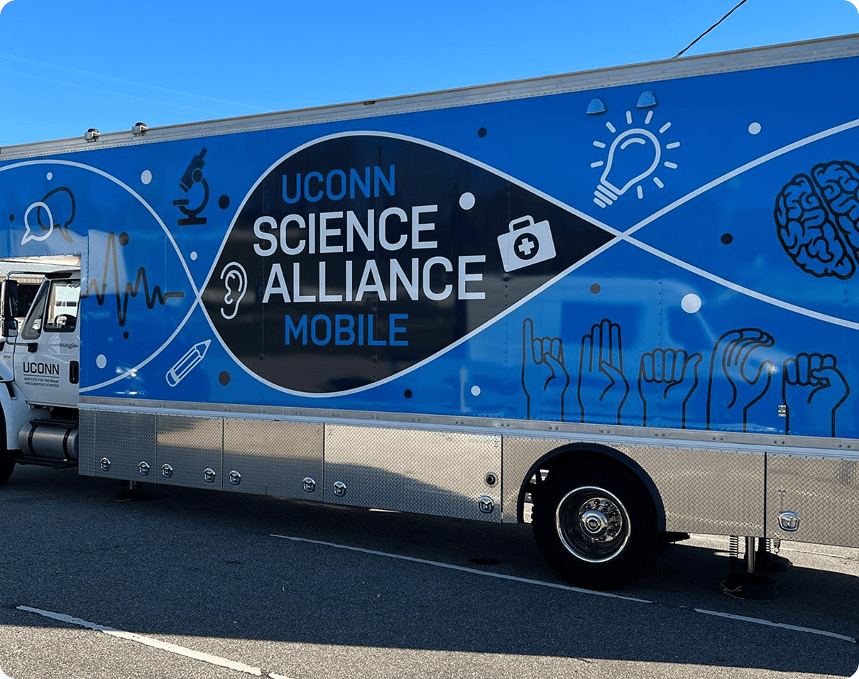 Mobile science lab with educational graphics