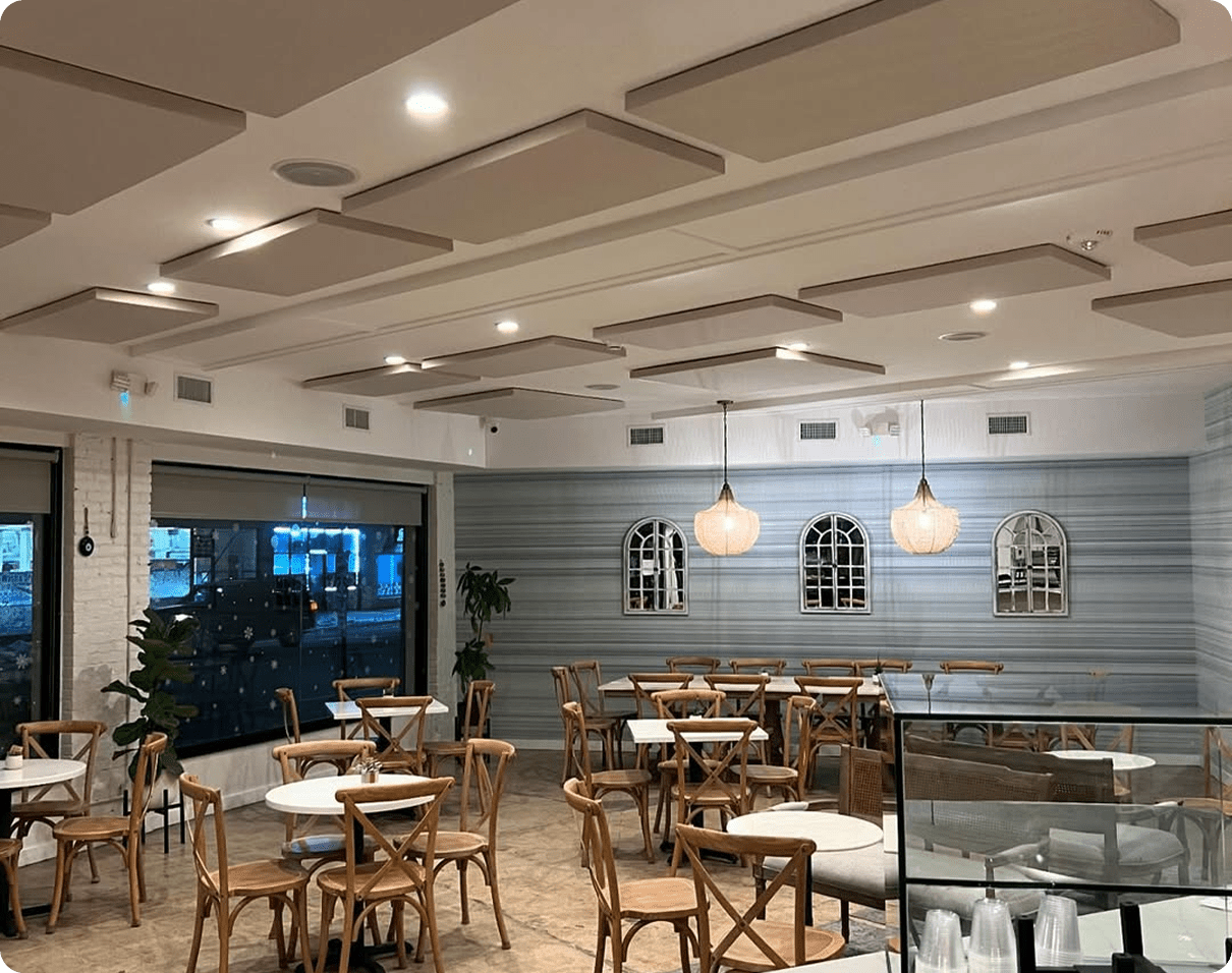 Modern cafe interior with elegant lighting