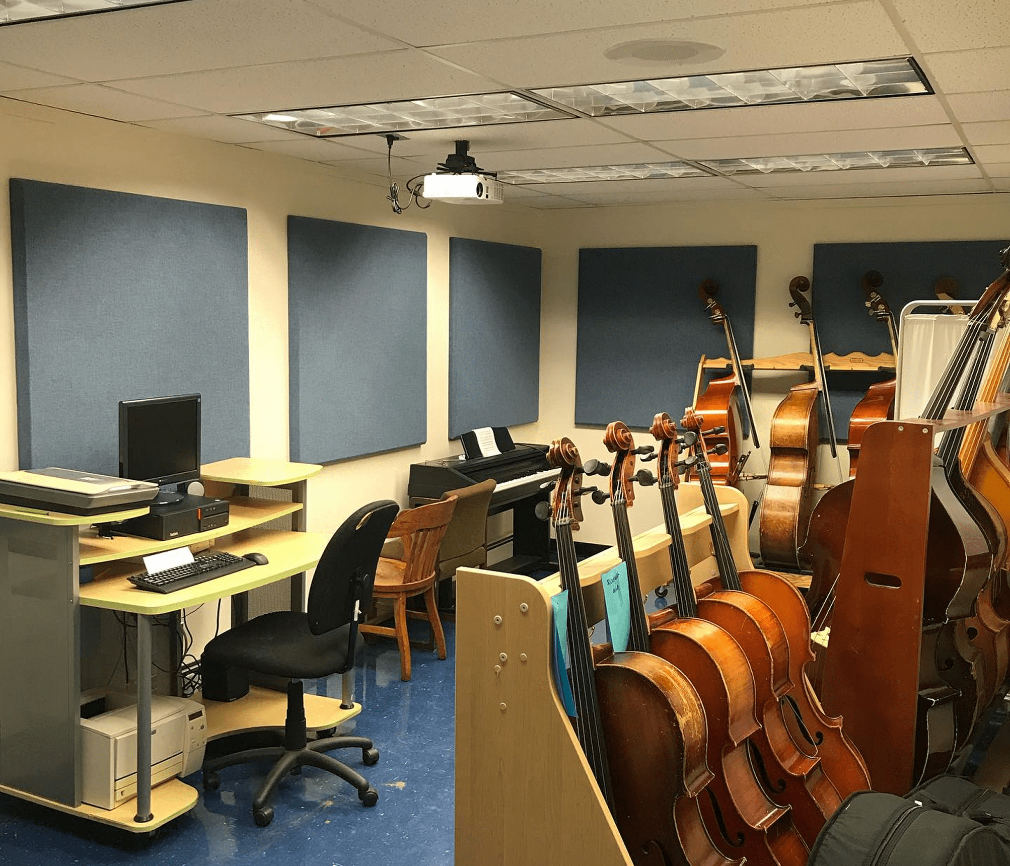 Music room with cello and computer setup